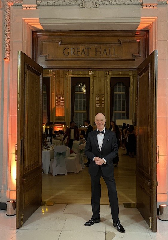 Magician Darren Delaney in black tie outside the Great Hall at One Great George Street, Westminster